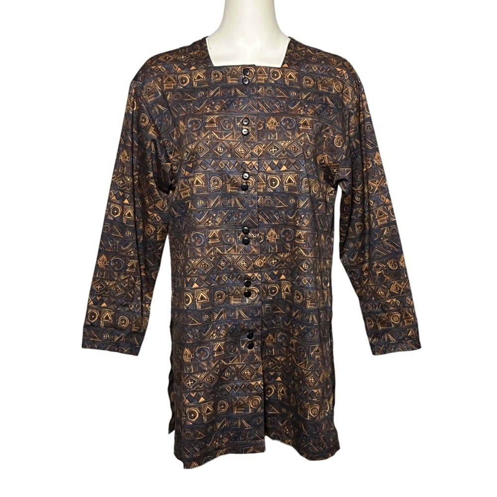 Peruvian Connection Aztec Tribal Print Pima Cotton Long Tunic Top Shirt Jacket S